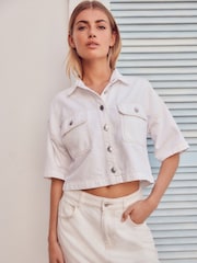 White 100% Cotton Cropped Oversized Denim Shirt - Image 1 of 5