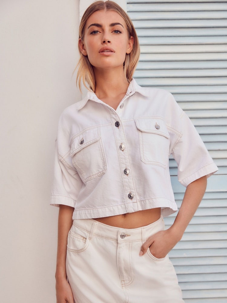 White 100% Cotton Cropped Oversized Denim Shirt - Image 1 of 5