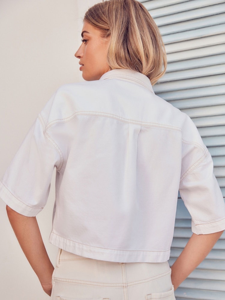 White 100% Cotton Cropped Oversized Denim Shirt - Image 2 of 5
