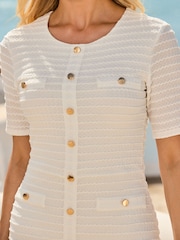 Sosandar Cream Textured Button Front Fit & Flare Dress - Image 4 of 5