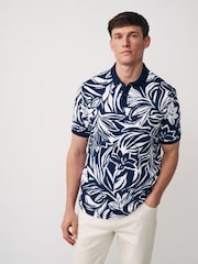 Navy Leaf 100% Cotton Short Sleeve Print Polo Shirt - Image 1 of 7