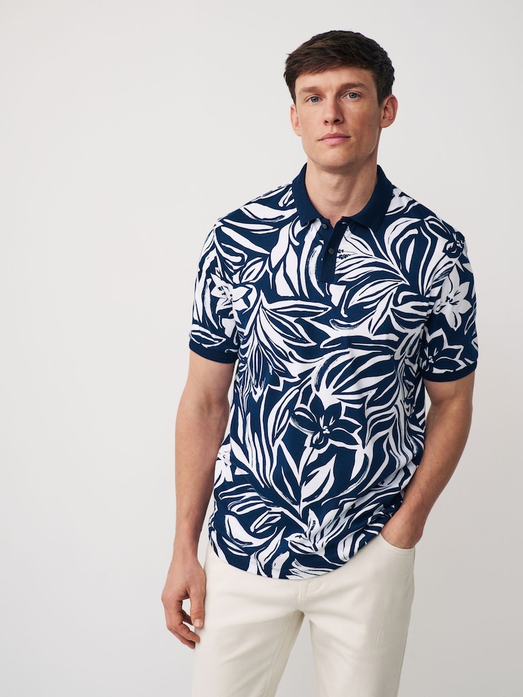 Navy Leaf 100% Cotton Short Sleeve Print Polo Shirt - Image 1 of 7