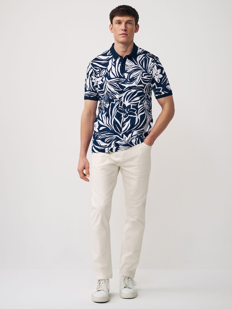 Navy Leaf 100% Cotton Short Sleeve Print Polo Shirt - Image 2 of 7