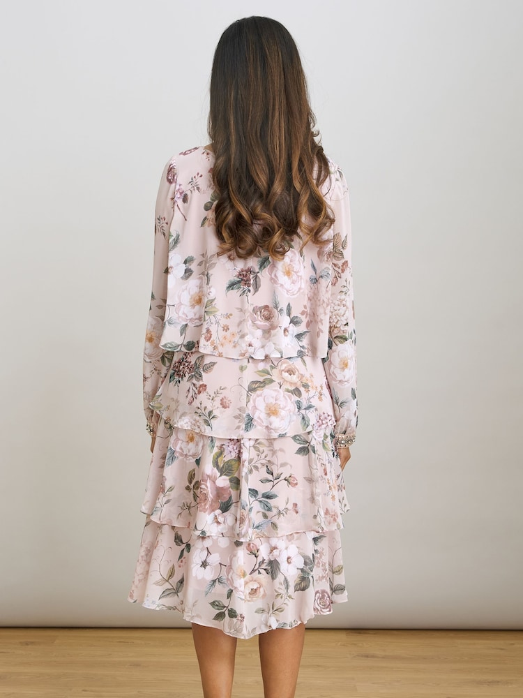 Gina Bacconi Pink Muriel Short Printed Tiered Chiffon Dress - Image 2 of 6