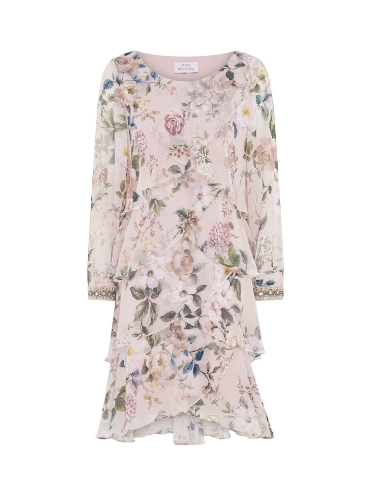 Gina Bacconi Pink Muriel Short Printed Tiered Chiffon Dress - Image 6 of 6