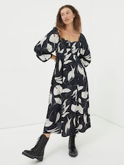 FatFace Black Tessa Twilight Leaves Midi Dress - Image 1 of 5