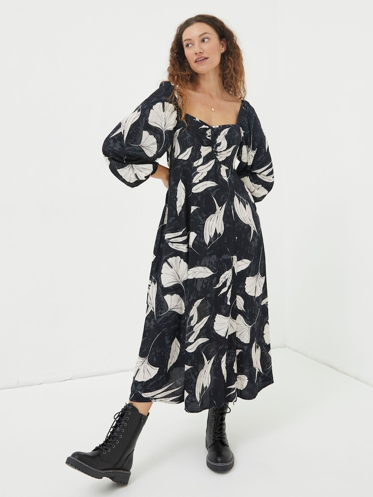 FatFace Black Tessa Twilight Leaves Midi Dress - Image 1 of 5