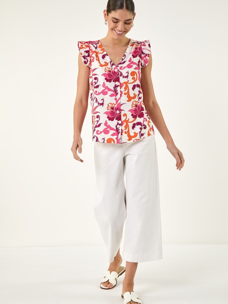 Roman Pink Floral Print Frill Sleeve Blouse - Image 2 of 4 Roman Pink Floral Print Frill Sleeve Blouse - Image 2 of 4