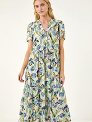 Roman Blue Floral V-Neck Midi Dress - Image 1 of 5