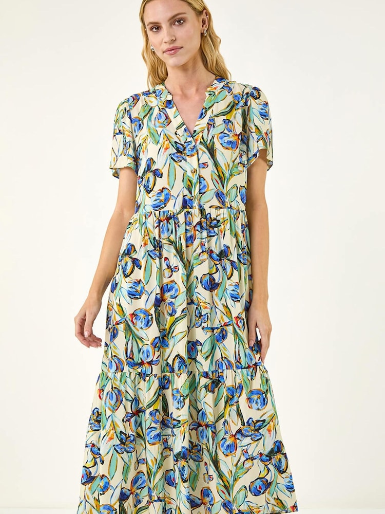 Roman Blue Floral V-Neck Midi Dress - Image 1 of 5