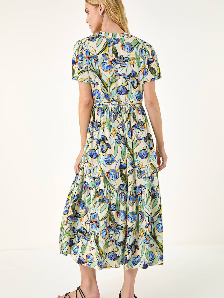 Roman Blue Floral V-Neck Midi Dress - Image 2 of 5