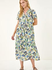 Roman Blue Floral V-Neck Midi Dress - Image 3 of 5