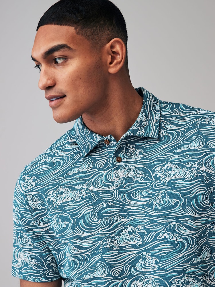 Blue Wave Textured Print Polo Shirt - Image 1 of 6