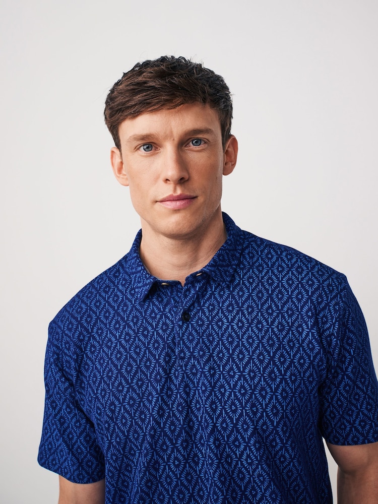 Indigo Blue 100% Cotton Textured Print Polo Shirt - Image 1 of 8