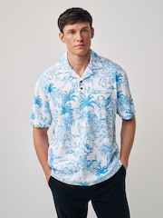 White/Blue 100% Cotton Textured Print Polo Shirt - Image 1 of 7