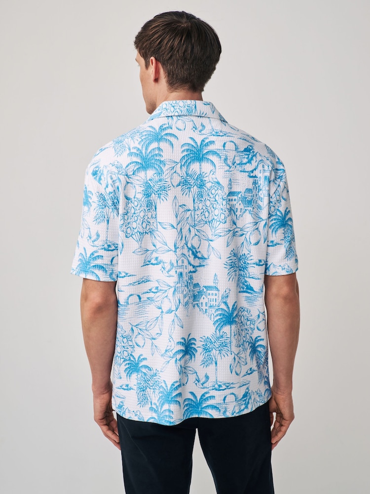 White/Blue 100% Cotton Textured Print Polo Shirt - Image 2 of 7