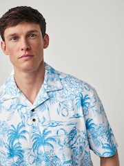 White/Blue 100% Cotton Textured Print Polo Shirt - Image 4 of 7