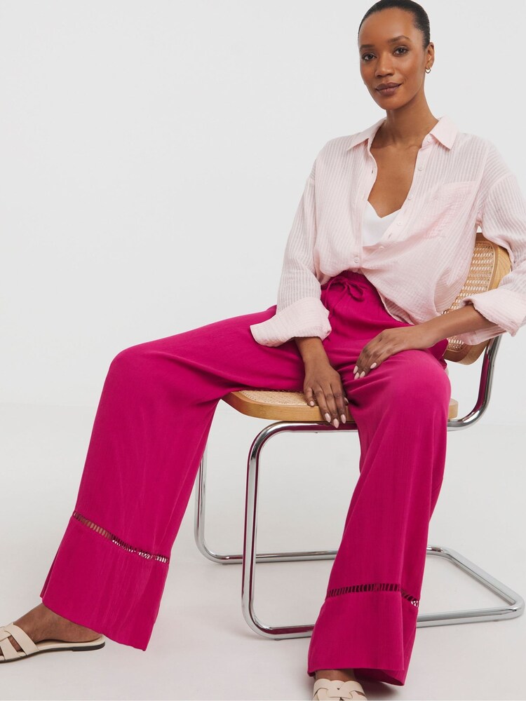 JD Williams Pink Crinkle Shirred Waist Wide Leg Trousers - Image 2 of 4 JD Williams Pink Crinkle Shirred Waist Wide Leg Trousers - Image 2 of 4