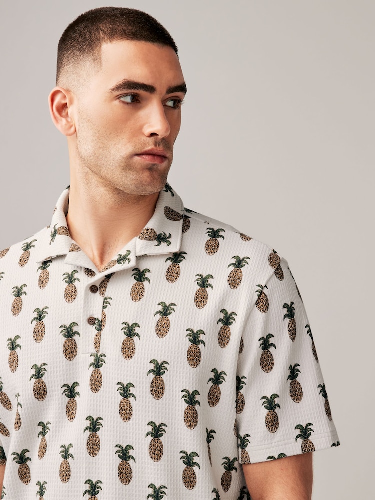 Ecru Pineapple Textured Print Polo Shirt - Image 1 of 7