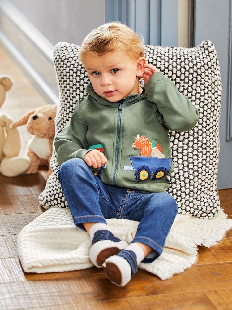 JoJo Maman Bébé Khaki Green Tractor Appliqué Reversible Hoodie - Image 1 of 7