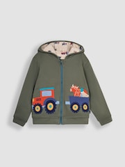 JoJo Maman Bébé Khaki Green Tractor Appliqué Reversible Hoodie - Image 3 of 7