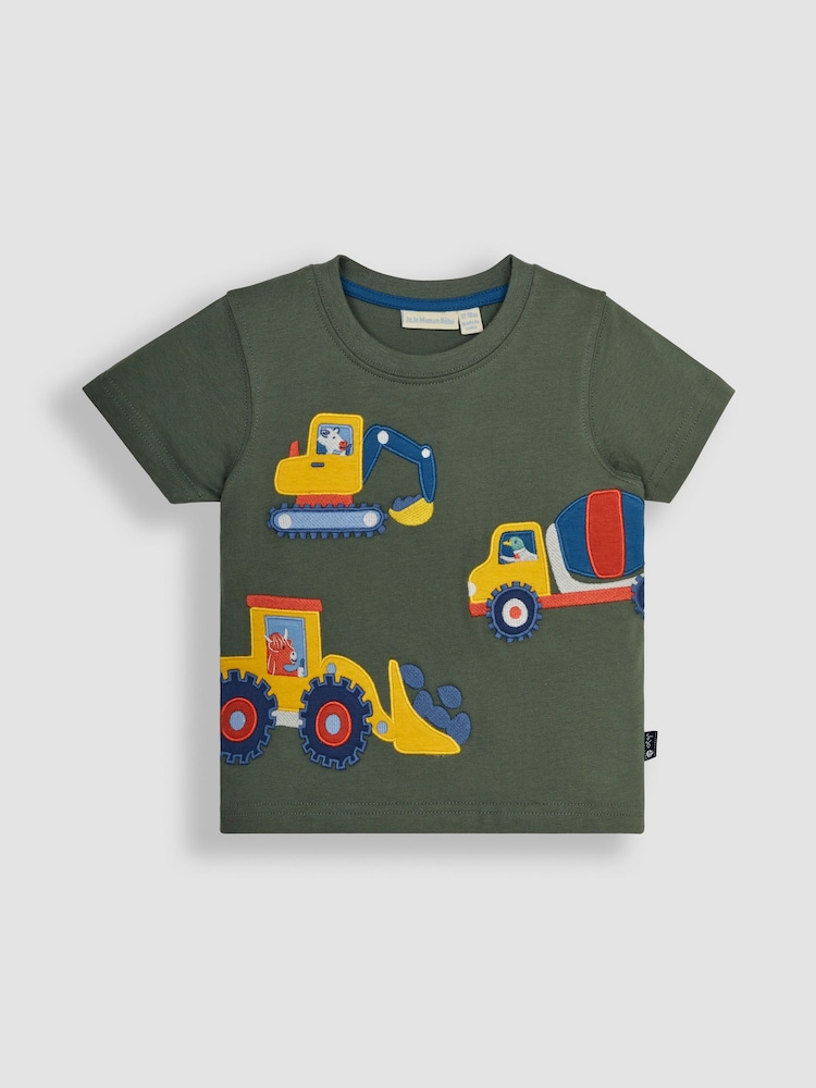JoJo Maman Bébé Khaki Green Farm Animals Appliqué 100% Cotton T-Shirt - Image 1 of 3