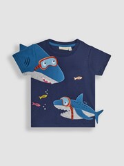 JoJo Maman Bébé Navy Blue Shark Novelty Appliqué T-Shirt - Image 1 of 3