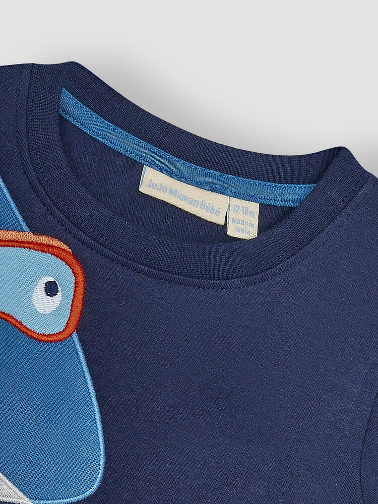 JoJo Maman Bébé Navy Blue Shark Novelty Appliqué T-Shirt - Image 2 of 3