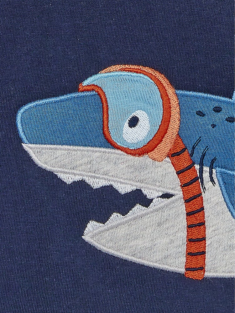 JoJo Maman Bébé Navy Blue Shark Novelty Appliqué T-Shirt - Image 3 of 3