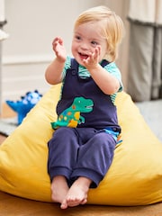 JoJo Maman Bébé Navy Blue TRex Appliqué Trouser Dungarees & T-Shirt Set - Image 1 of 8