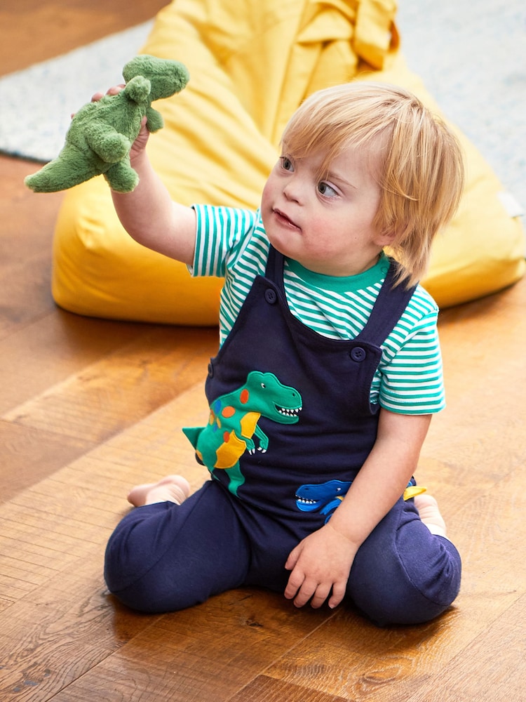 JoJo Maman Bébé Navy Blue TRex Appliqué Trouser Dungarees & T-Shirt Set - Image 2 of 8