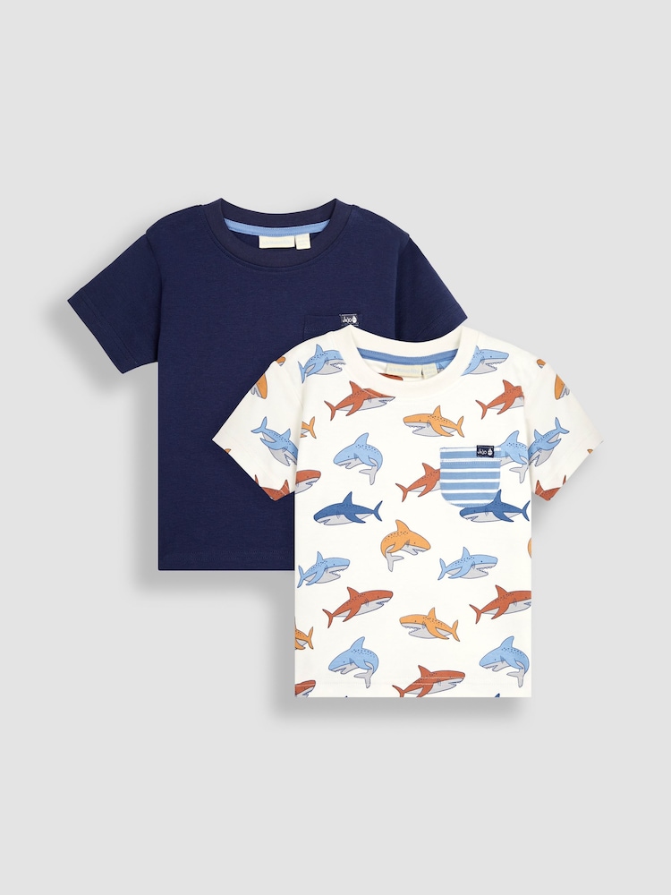 JoJo Maman Bébé Navy Stone Shark 2-Pack Pocket T-Shirts - Image 1 of 3 JoJo Maman Bébé Navy Stone Shark 2-Pack Pocket T-Shirts - Image 1 of 3