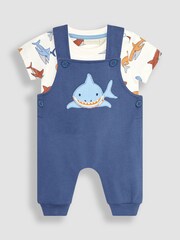 JoJo Maman Bébé Navy Blue Shark Appliqué Trouser Dungarees & T-Shirt Set - Image 2 of 7
