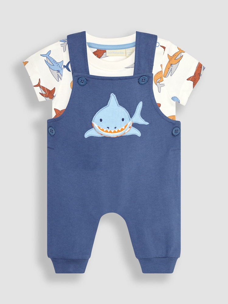 JoJo Maman Bébé Navy Blue Shark Appliqué Trouser Dungarees & T-Shirt Set - Image 2 of 7