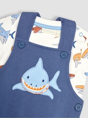 JoJo Maman Bébé Navy Blue Shark Appliqué Trouser Dungarees & T-Shirt Set - Image 6 of 7