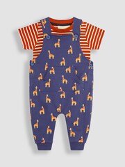 JoJo Maman Bébé Navy 2-Piece Giraffe Dungarees & Stripe T-Shirt Set - Image 1 of 5