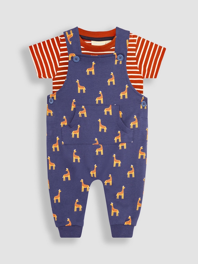 JoJo Maman Bébé Navy 2-Piece Giraffe Dungarees & Stripe T-Shirt Set - Image 1 of 5