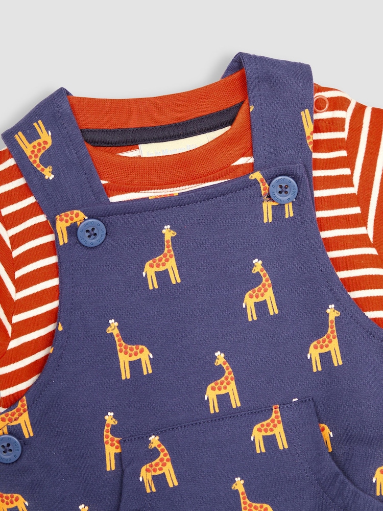 JoJo Maman Bébé Navy 2-Piece Giraffe Dungarees & Stripe T-Shirt Set - Image 5 of 5