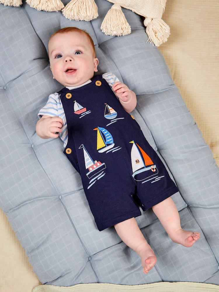 JoJo Maman Bébé Navy Blue Boat Appliqué Short Dungarees & T-Shirt Set - Image 1 of 6