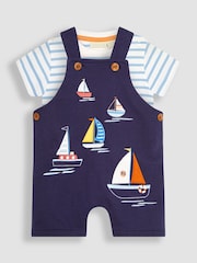 JoJo Maman Bébé Navy Blue Boat Appliqué Short Dungarees & T-Shirt Set - Image 2 of 6
