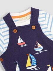 JoJo Maman Bébé Navy Blue Boat Appliqué Short Dungarees & T-Shirt Set - Image 6 of 6