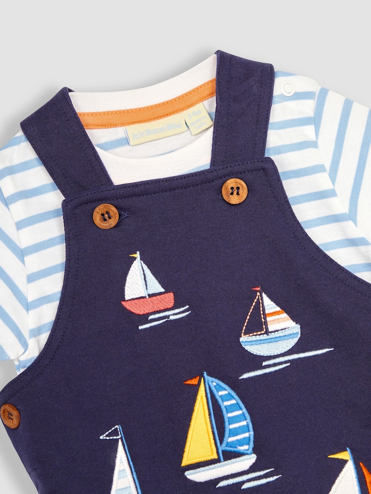 JoJo Maman Bébé Navy Blue Boat Appliqué Short Dungarees & T-Shirt Set - Image 6 of 6