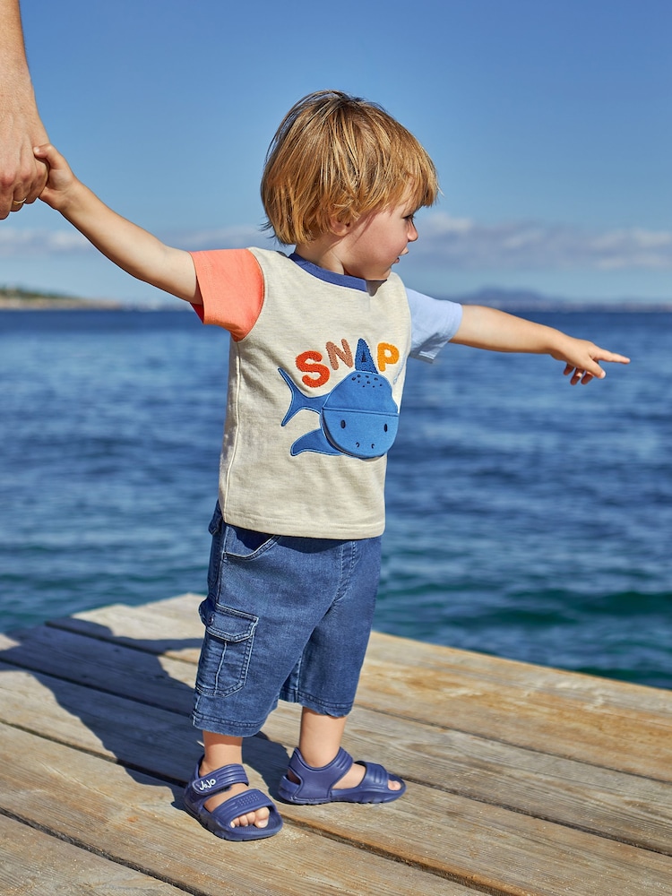 JoJo Maman Bébé Natural Shark Interactive Appliqué T-Shirt - Image 1 of 5