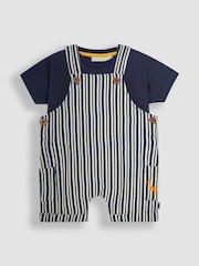 JoJo Maman Bébé Navy Blue Stripe Dungarees & T-Shirt 2-Piece Set - Image 1 of 6