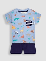 JoJo Maman Bébé Blue Safari Printed T-Shirt & Shorts Set - Image 1 of 4