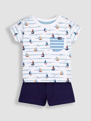 JoJo Maman Bébé White Boat Printed T-Shirt & Shorts Set - Image 1 of 4