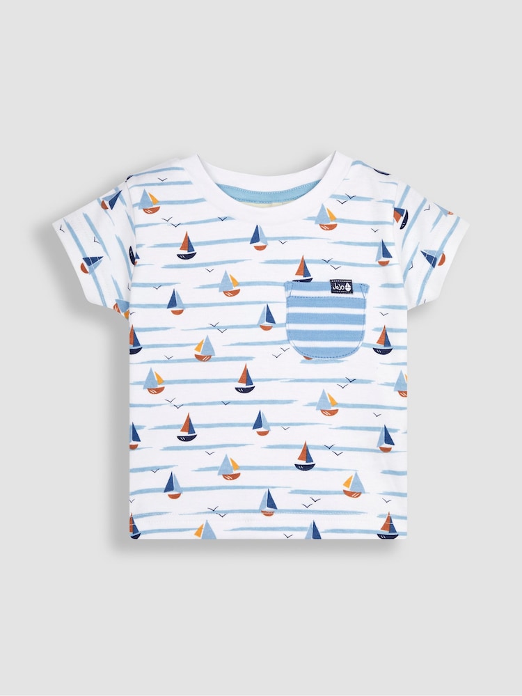 JoJo Maman Bébé White Boat Printed T-Shirt & Shorts Set - Image 2 of 4