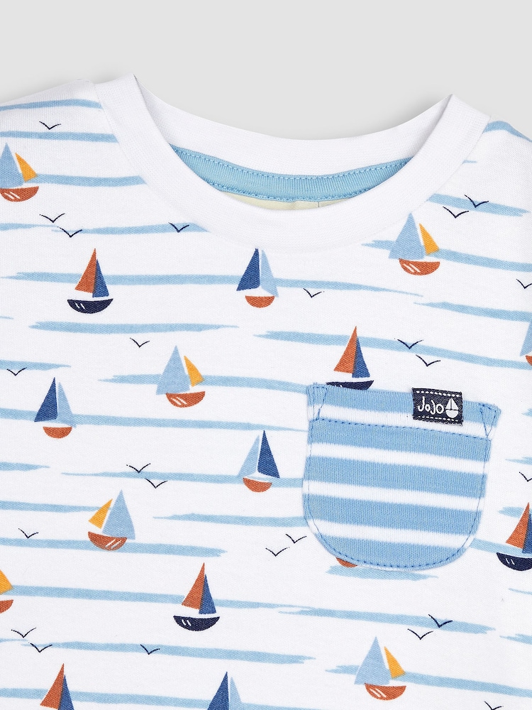 JoJo Maman Bébé White Boat Printed T-Shirt & Shorts Set - Image 4 of 4
