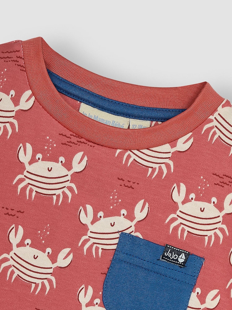 JoJo Maman Bébé Orange Nautical Crabs Contrast Pocket T-Shirt - Image 2 of 6