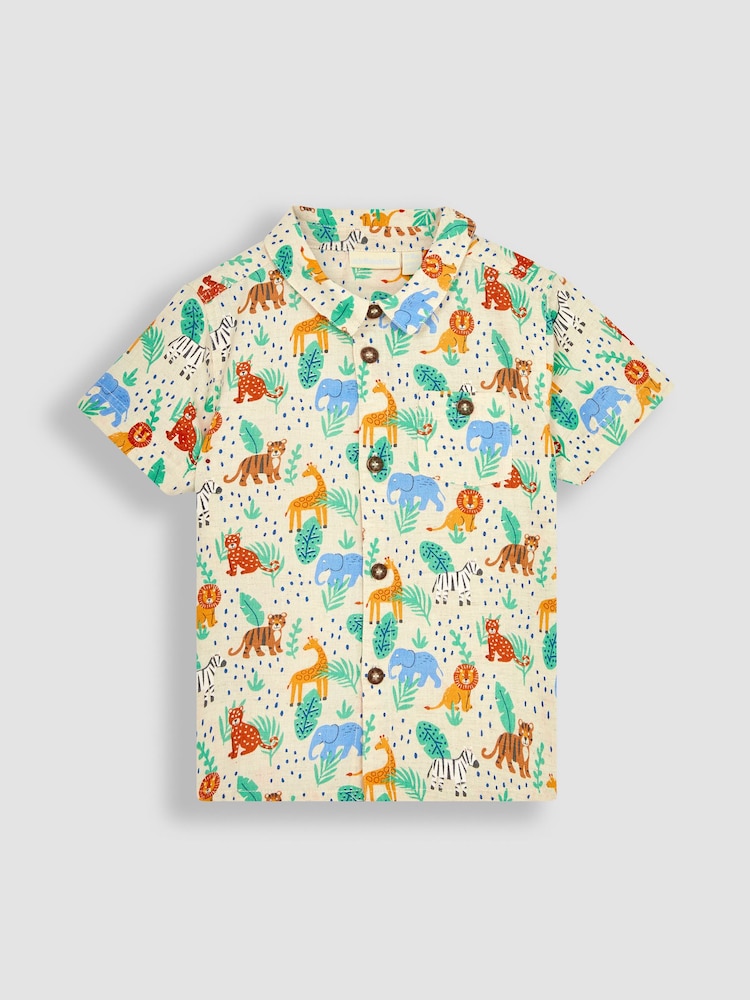JoJo Maman Bébé Natural Safari Animals Printed Short Sleeve Shirt - Image 1 of 3